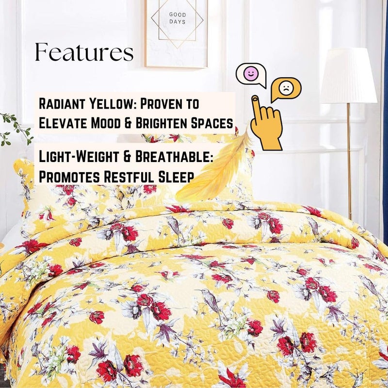 DaDa Bedding Radiant Sunshine Yellow Floral Bedspread Set - Hummingbirds Farmhouse Red Flowers Garden Quilted Coverlet - Scalloped Edges Bright Vibrant Multi-Colorful - Cal King - 3-Pieces - Image 3